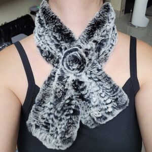 Real Genuine Rex Rabbit Fur Black And Gray Scarf Wrap